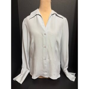 Jones New York Platinum Petite 100% Silk Button Up 10P Blouse Ice Blue Classic